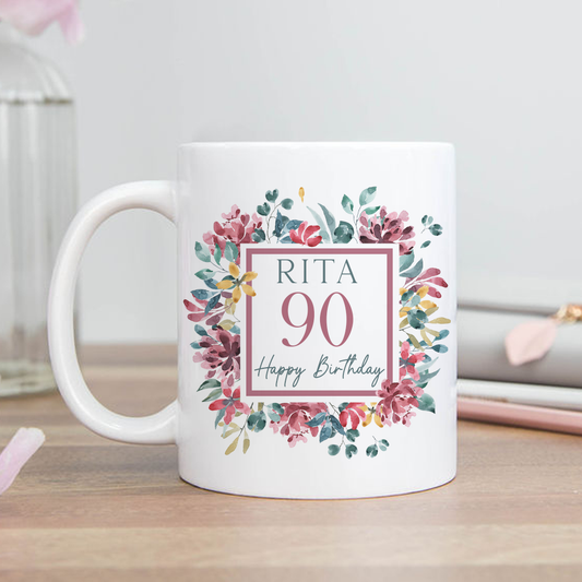 Floral 90th Birthday Mug