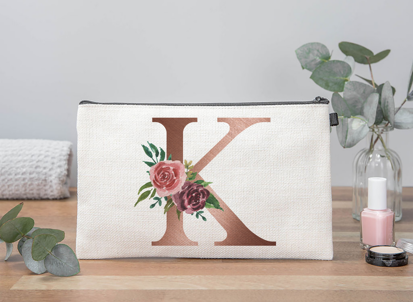 Rose Gold Initial Makeup Bag
