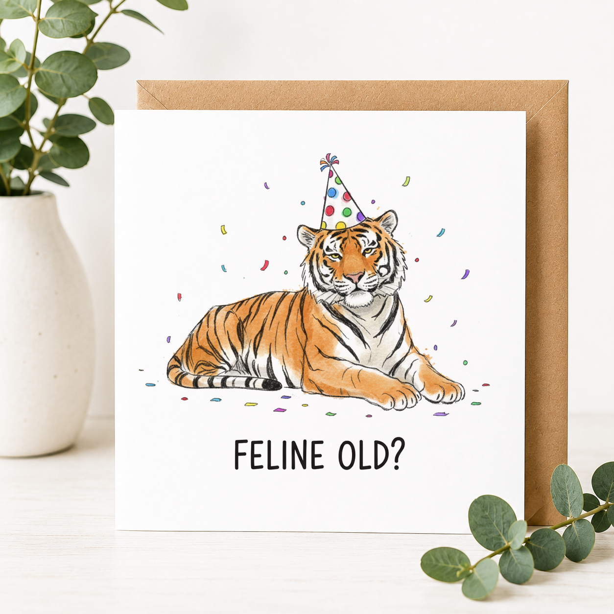 Funny Tiger Birthday Card – "Feline Old?" | Cat Pun Birthday Card