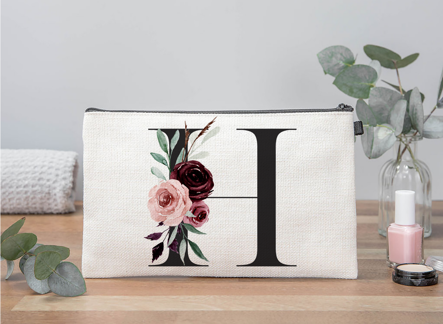Floral Initial Makeup Bag