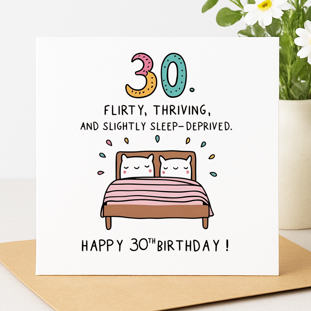 30 – Flirty, Thriving, and Slightly Sleep-Deprived birthday card