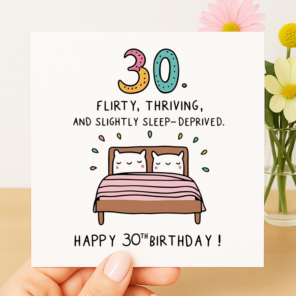 30 – Flirty, Thriving, and Slightly Sleep-Deprived birthday card
