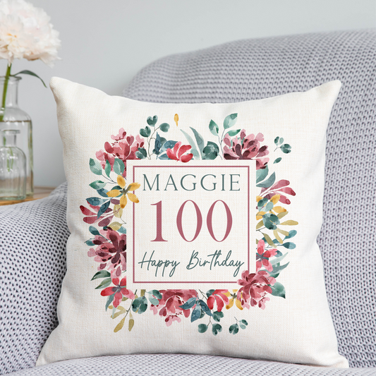 Floral 100th Birthday Cushion