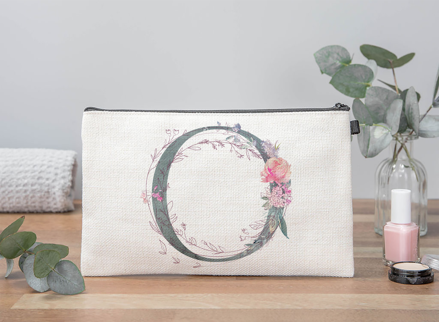 Floral Initial Makeup Bag