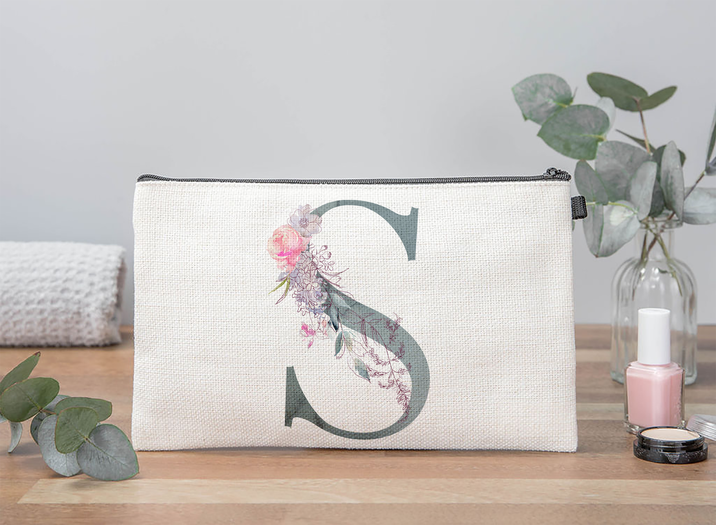 Floral Initial Makeup Bag