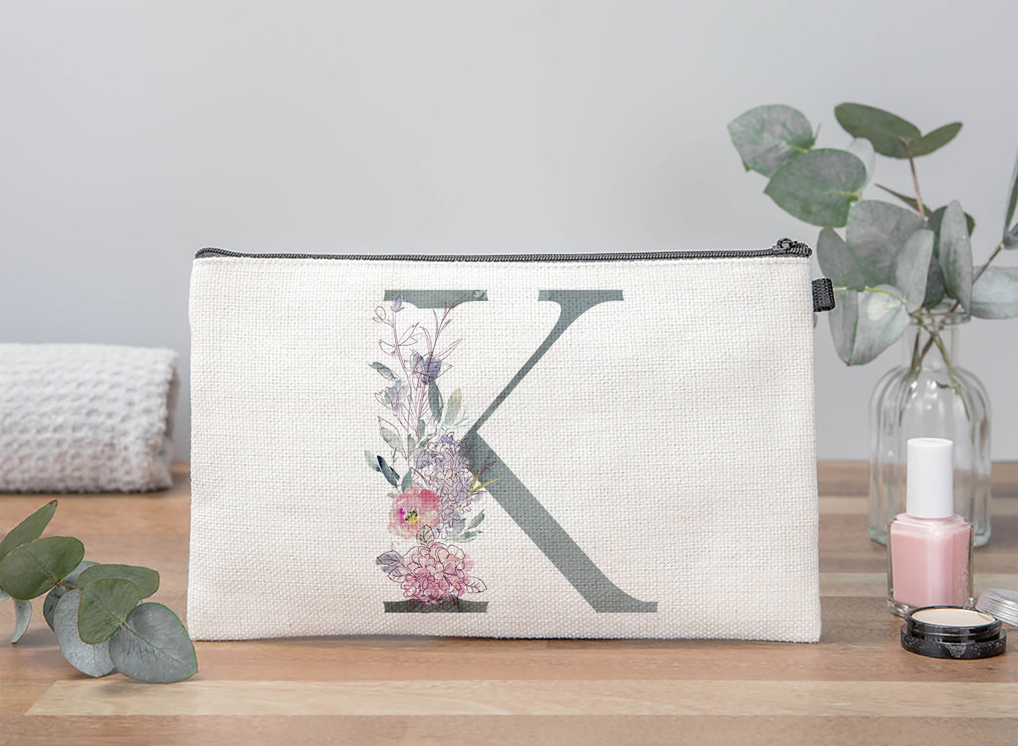 Floral Initial Makeup Bag