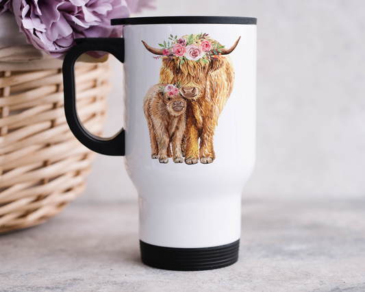 Floral Highland Cows Travel Mug