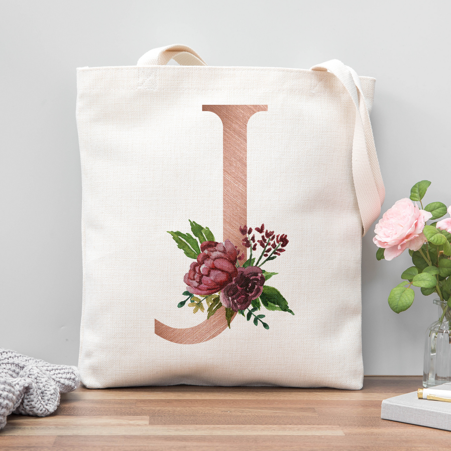 Floral Initial Tote Bag