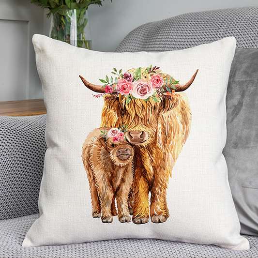 Floral Highland Cows Cushion