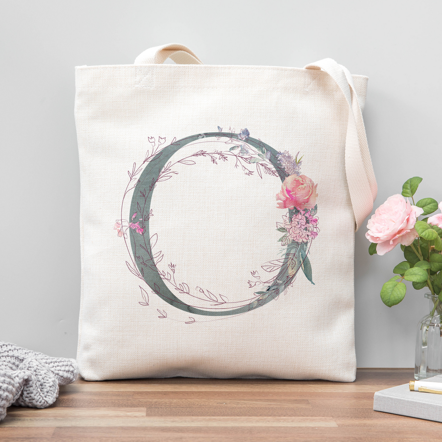 Floral Initial Tote Bag