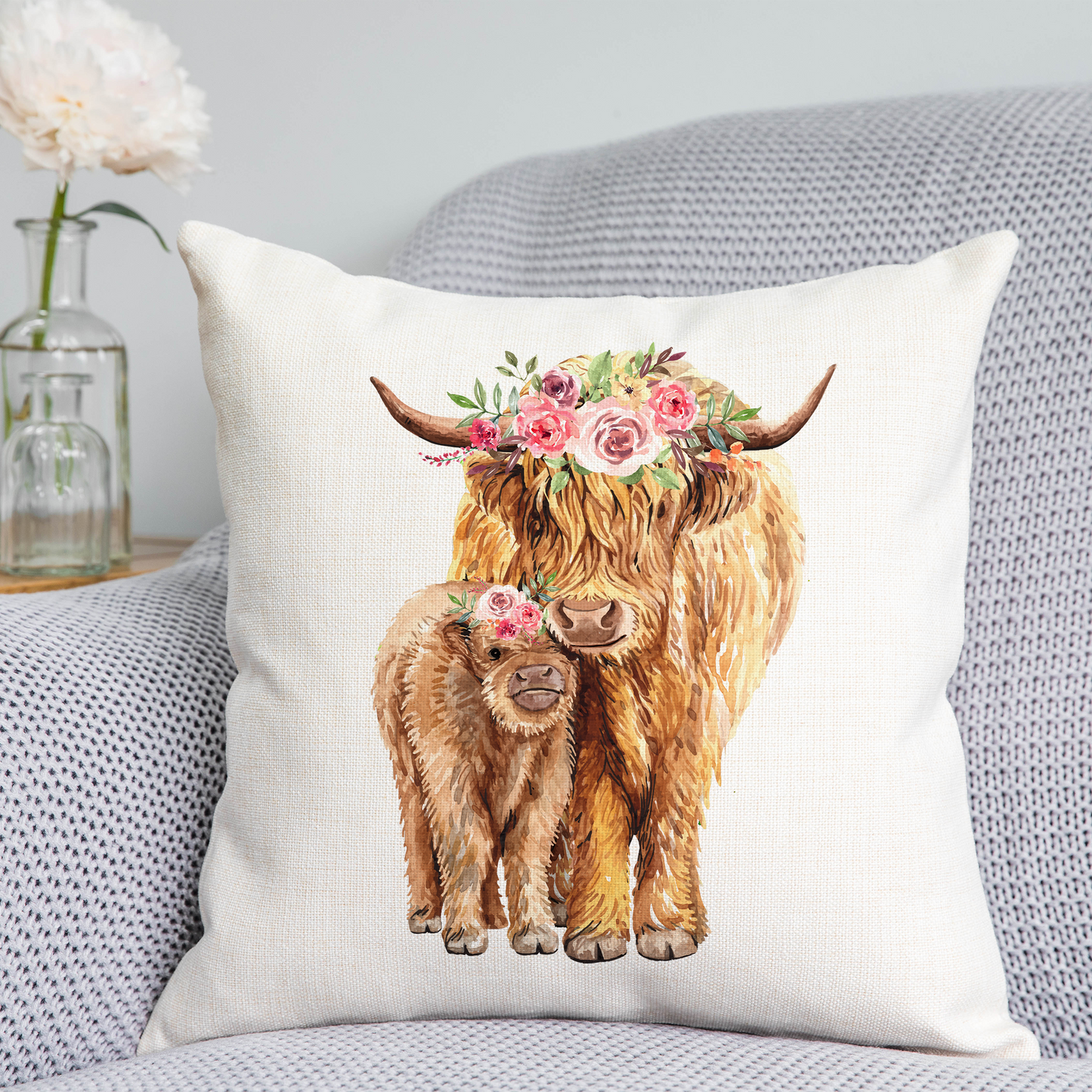 Floral Highland Cows Cushion