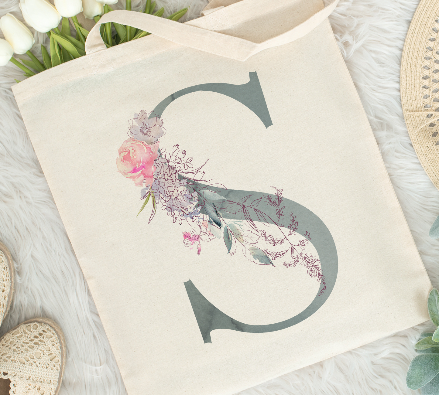 Floral Initial Tote Bag