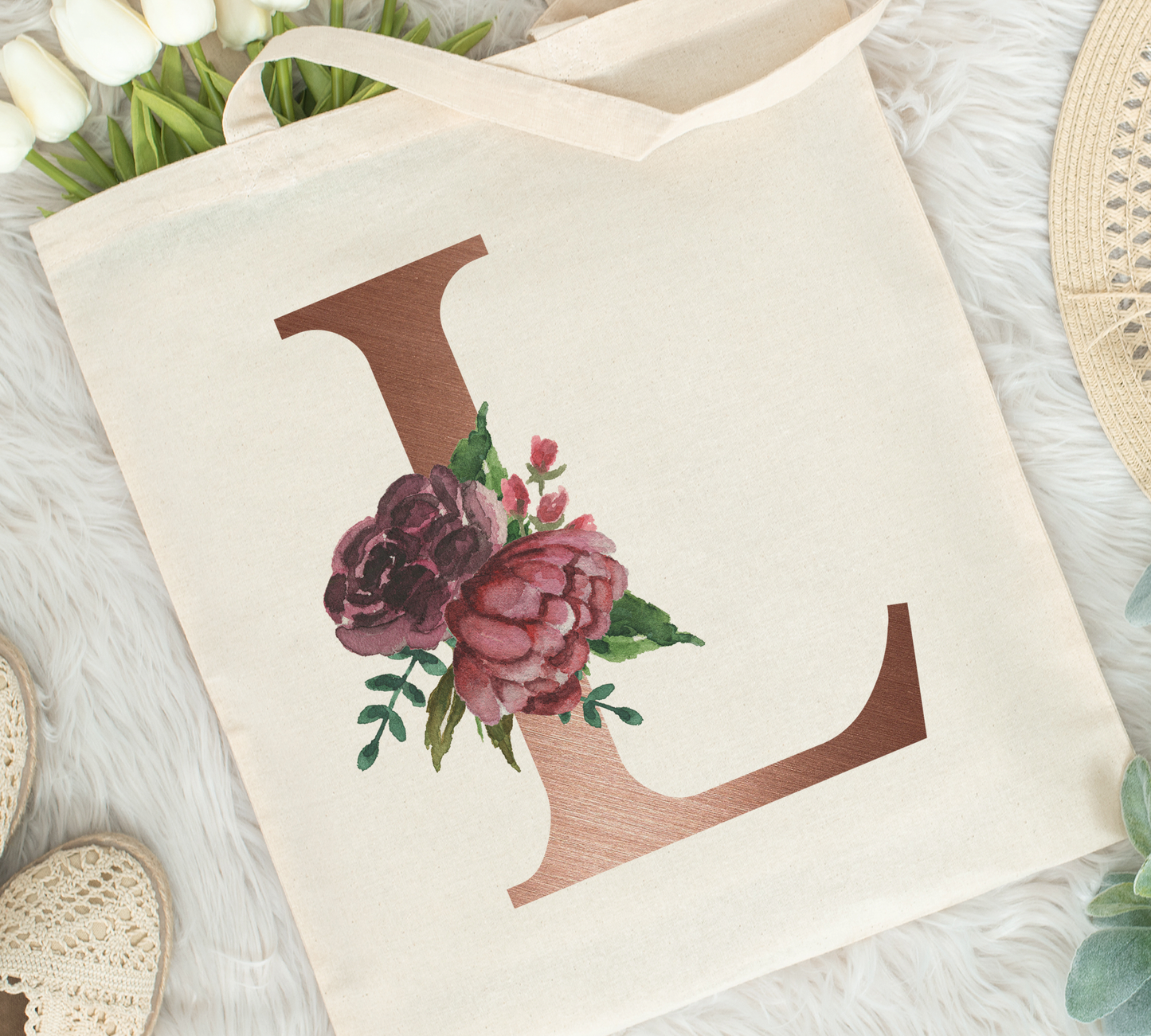 Floral Initial Tote Bag