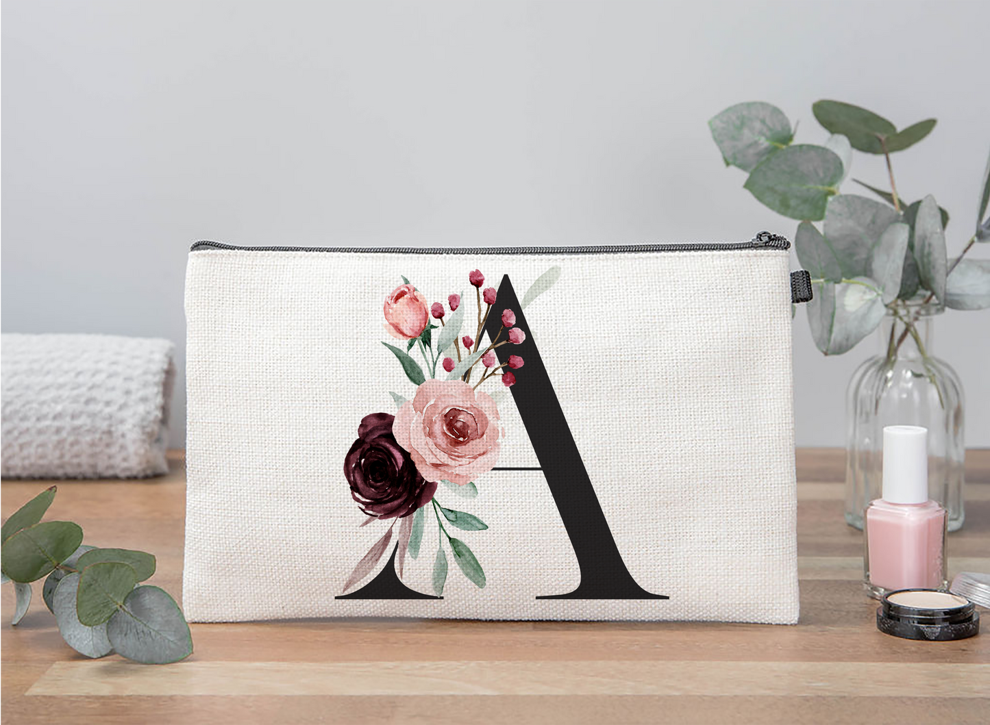 Floral Initial Makeup Bag