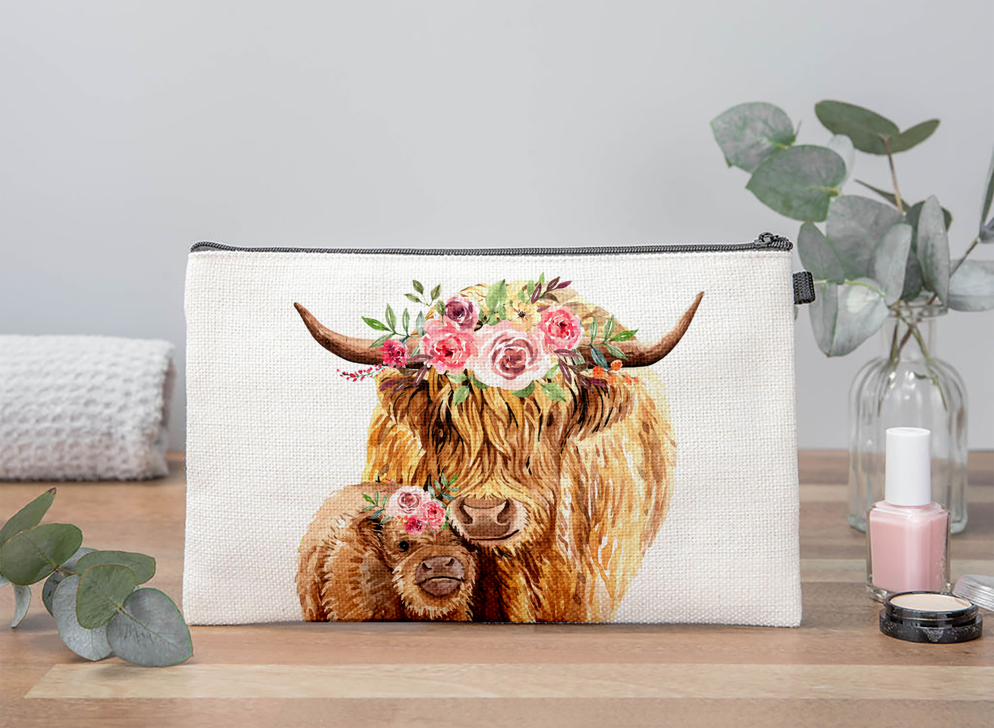 Floral Highland Cows Makeup Bag