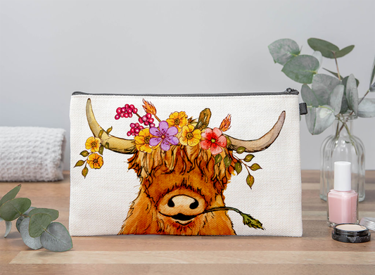 Floral Highland Cow Makeup Bag