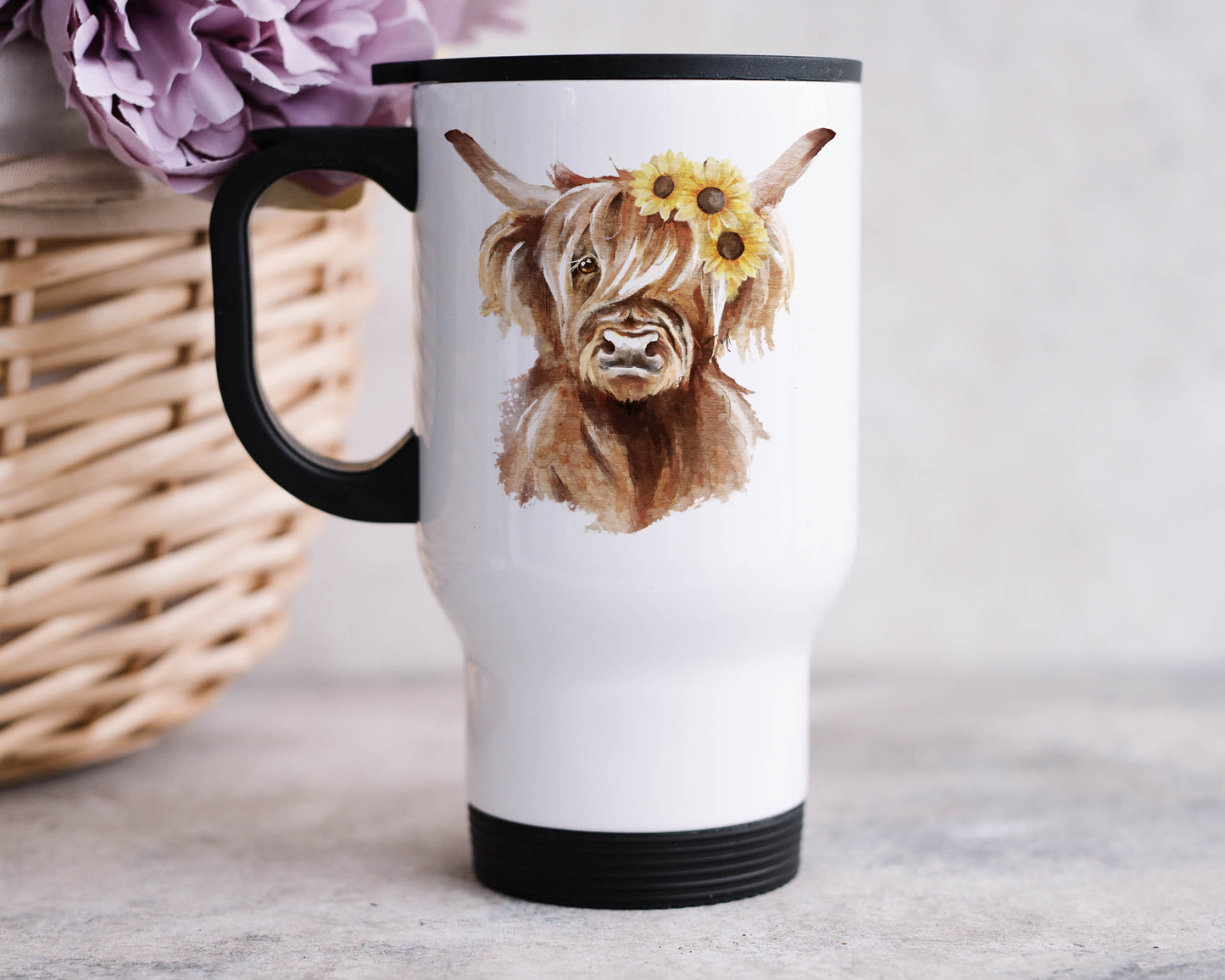 Sunflower Highland Cow Travel Mug