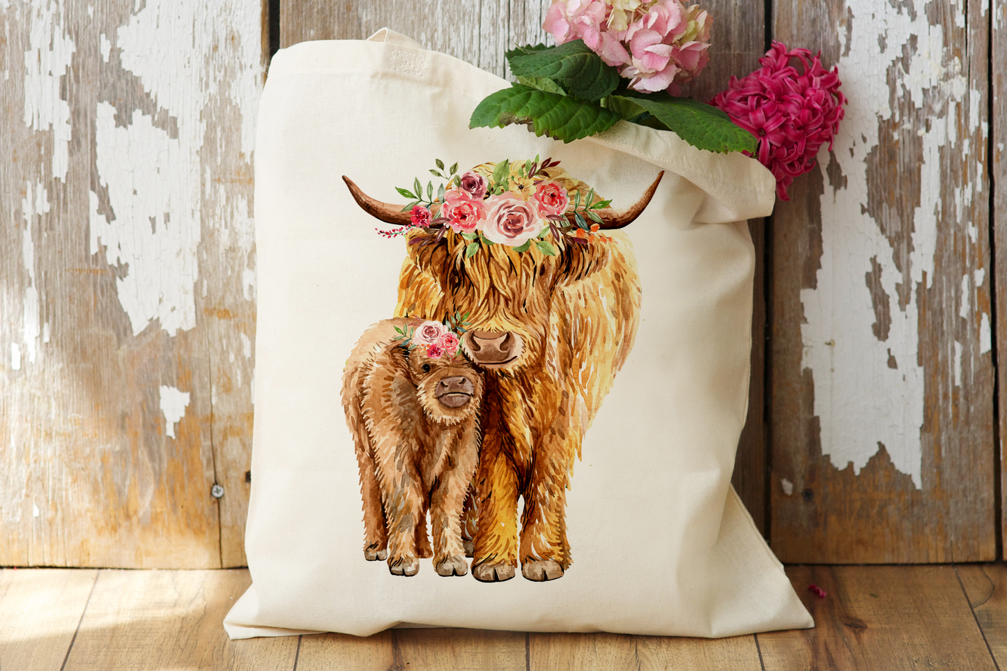 Floral Highland Cows Tote Bag