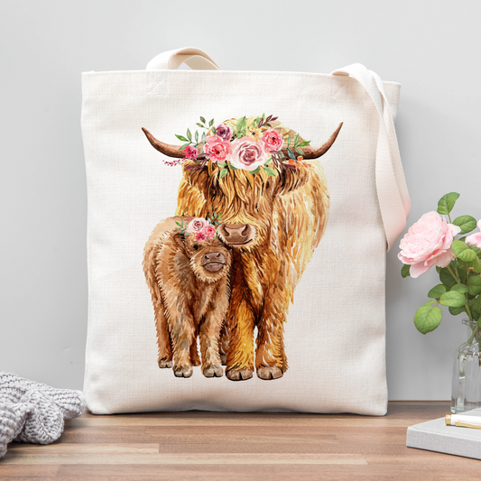 Floral Highland Cows Tote Bag