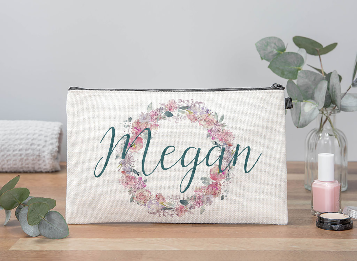 Floral Wreath Name Makeup Bag