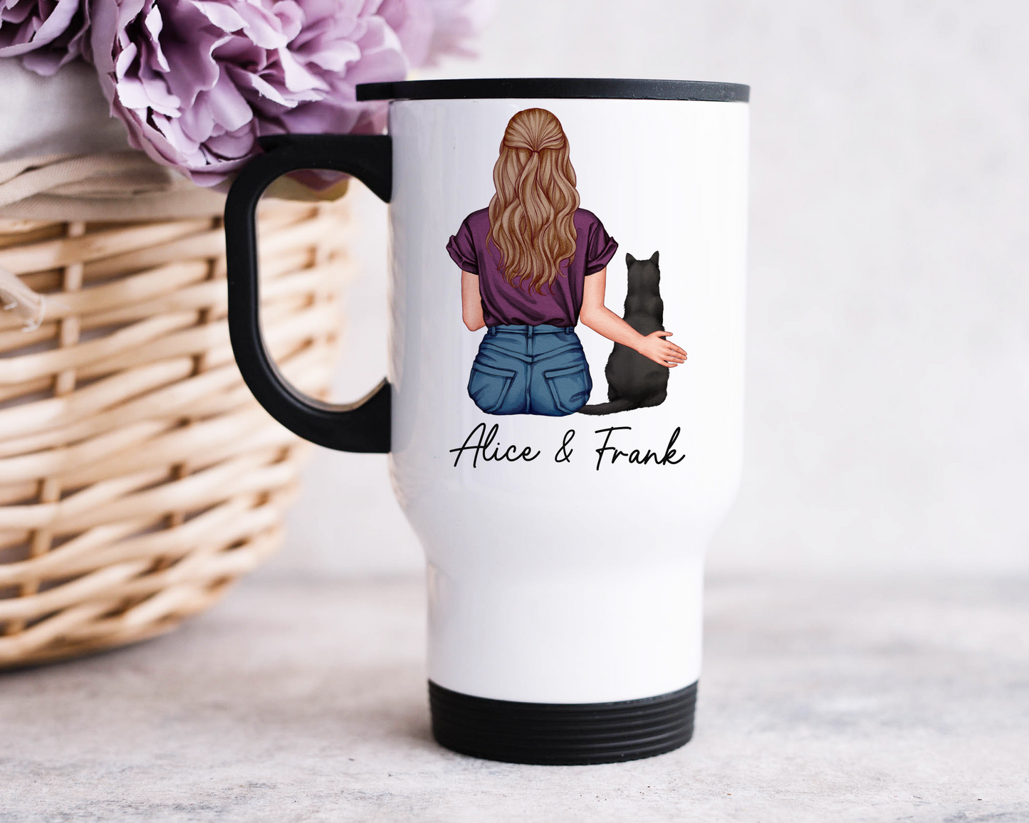 Customisable Lady & Cat Travel Mug